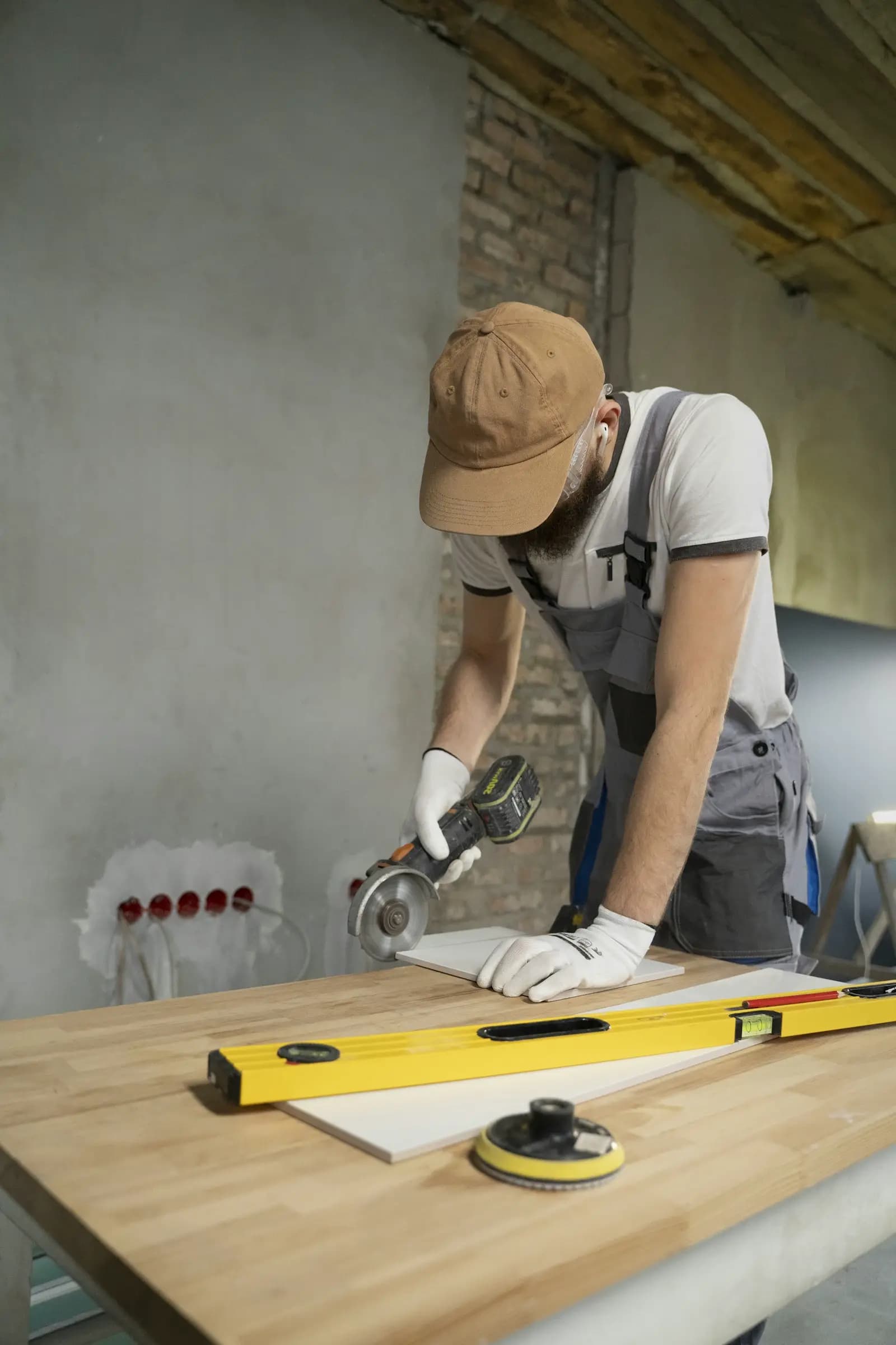 Profissional a cortar um azulejo com rebarbadora numa divisão em obra.